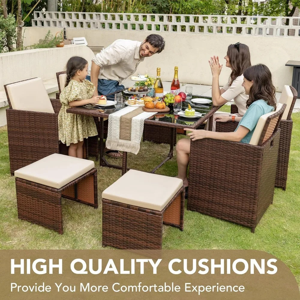 Patio Dining Set with Rattan Chairs and Glass Table