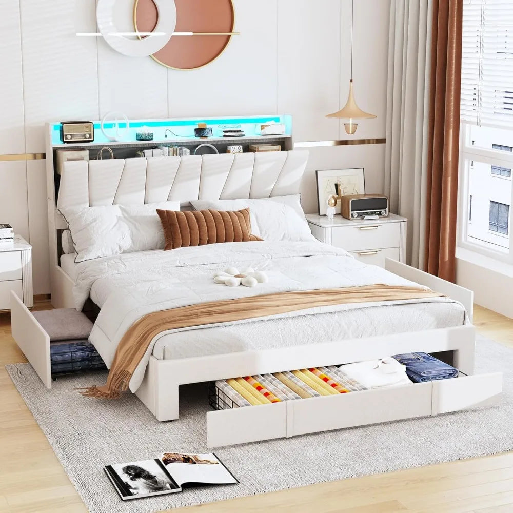Modern Upholstered Bed Frame with Storage and Charging Station