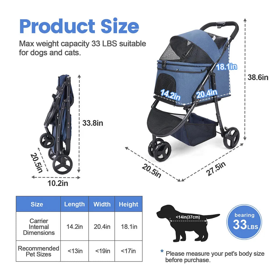 Foldable Pet Stroller Bag for Dogs and Cats on the Go