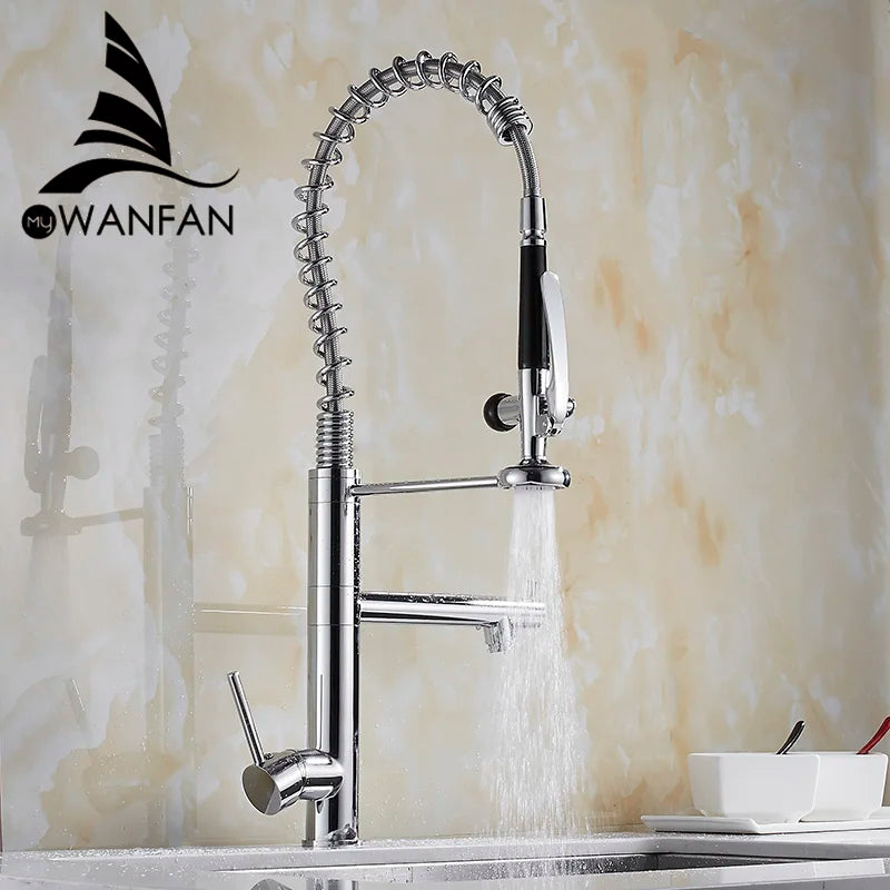 Brass Pull Out Kitchen Faucet With Swivel Spout Mixer