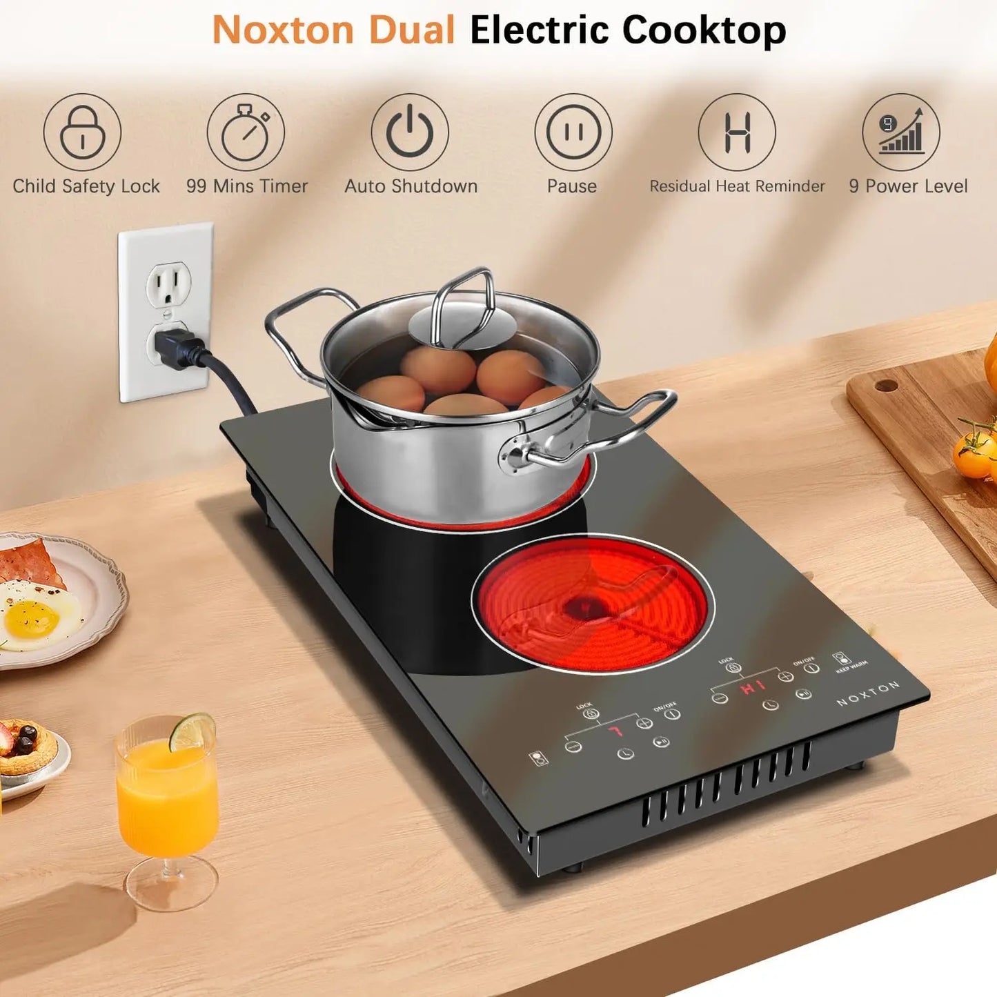 NoxTon Dual Zone Ceramic Electric Stove with Timer and Safety Lock