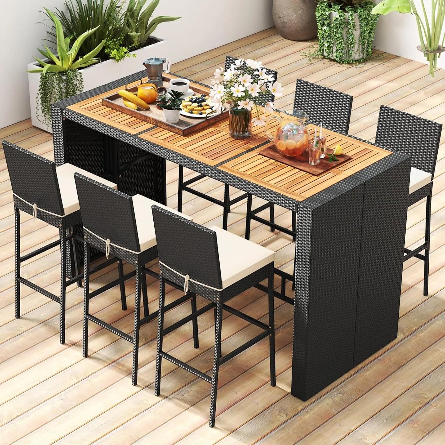 Outdoor Wicker Rattan Bar Set with Acacia Wood Table