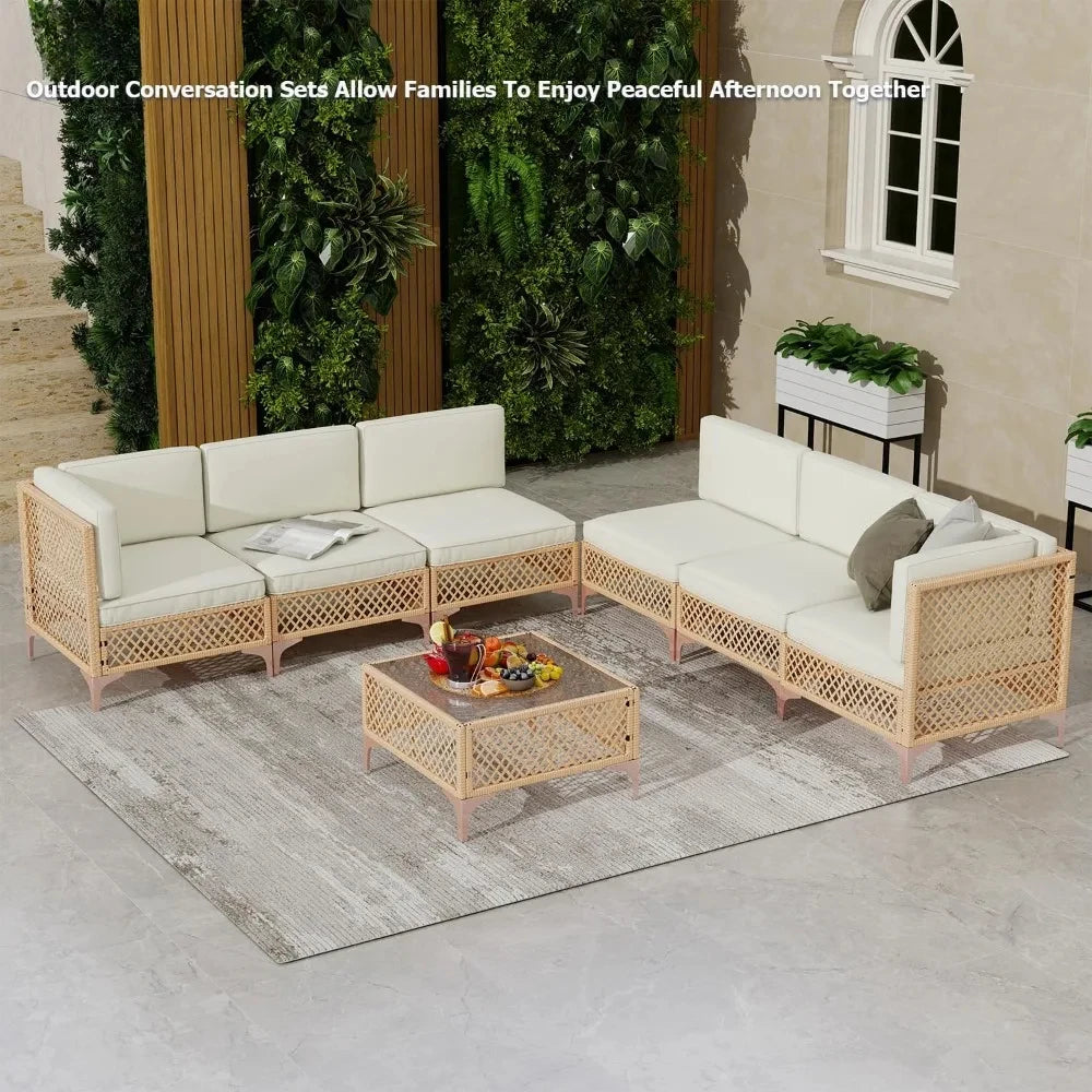Outdoor Patio Wicker Furniture Set with Cushions and Glass Table