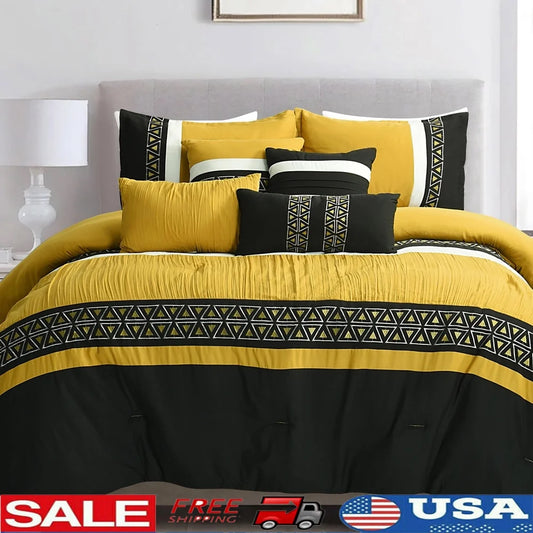 Luxurious Yellow Embroidered Queen Bedding Set Soft Microfiber