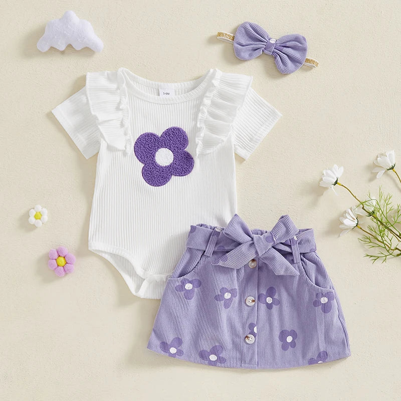 Floral Baby Girl Romper Set With Skirt And Headband