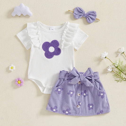 Floral Baby Girl Romper Set With Skirt And Headband
