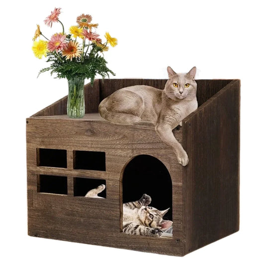 Solid Wooden Cat Litter Box and Lounge with Cushion Pad