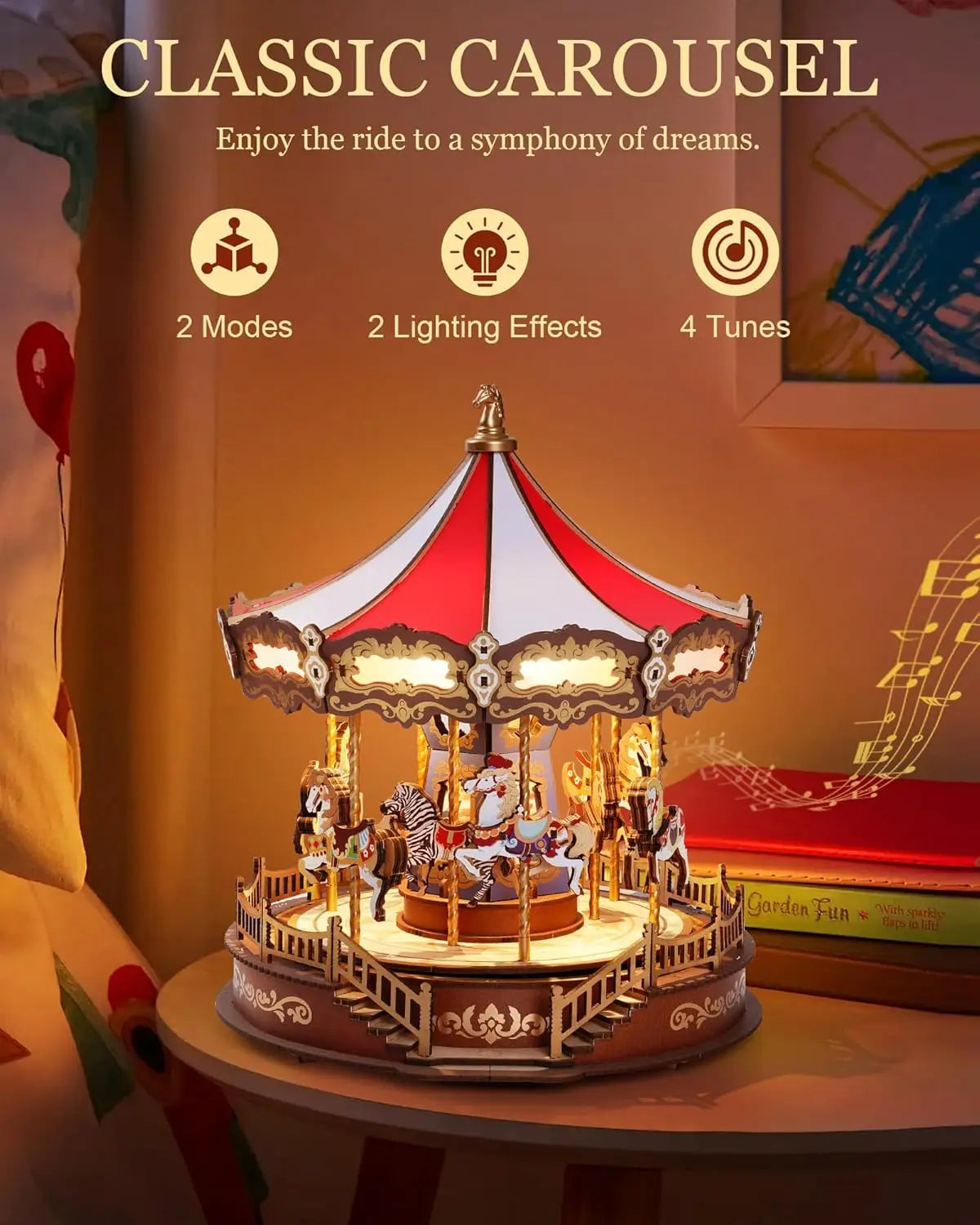 Enchanting 3D Wooden Carousel Music Box with LED Lights