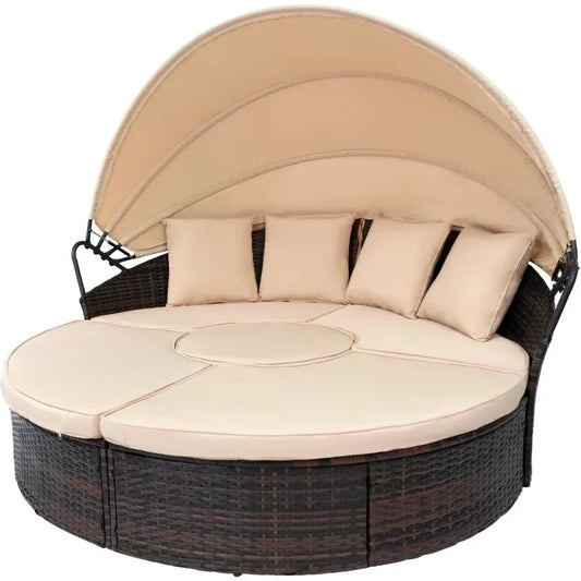 Outdoor Patio Daybed Sofa Set with Retractable Canopy