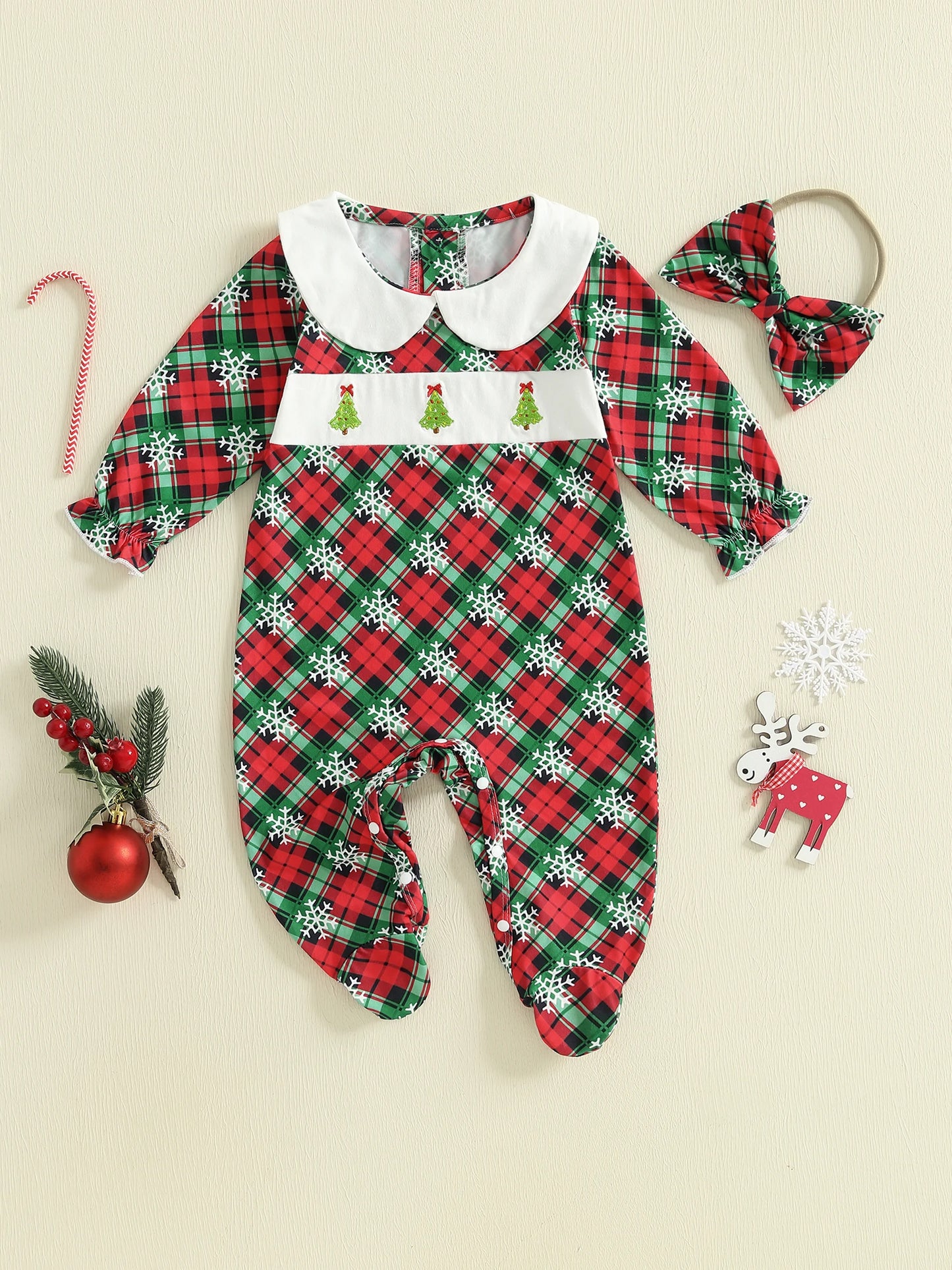 Baby Girls Christmas Footed Romper Snowflake Bow Headband
