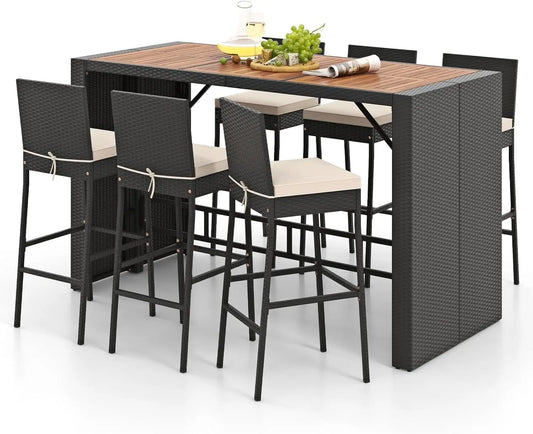 Outdoor Wicker Rattan Bar Set with Acacia Wood Table