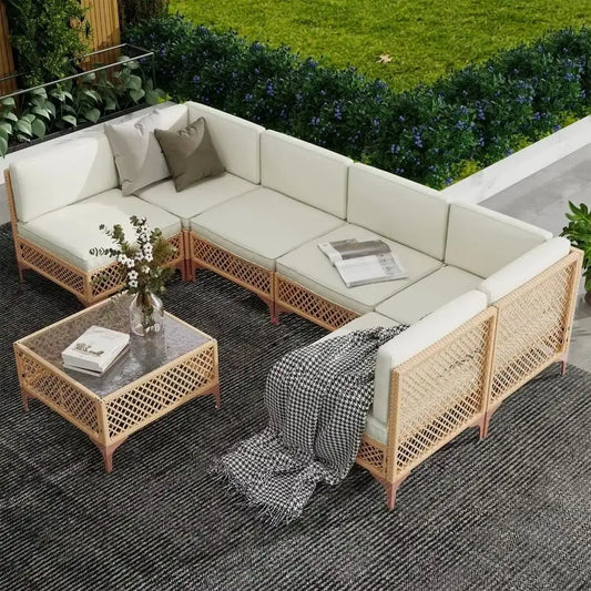 Outdoor Patio Wicker Furniture Set with Cushions and Glass Table