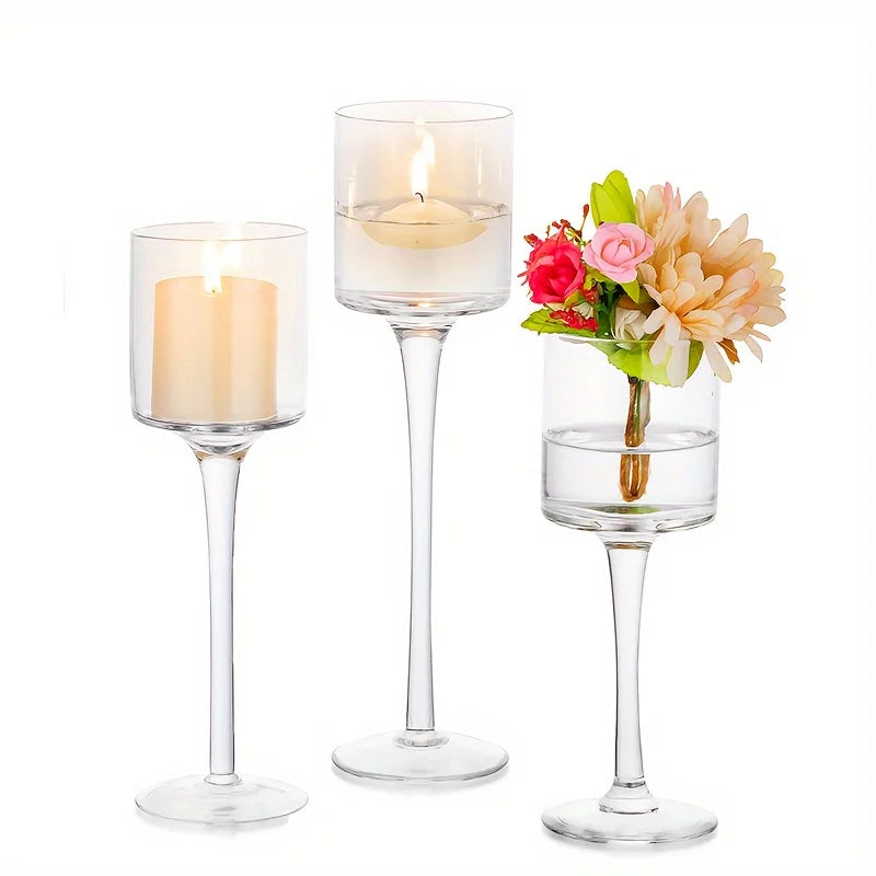 Set of 3 Glass Tall Tealight Candle Holders for Decor