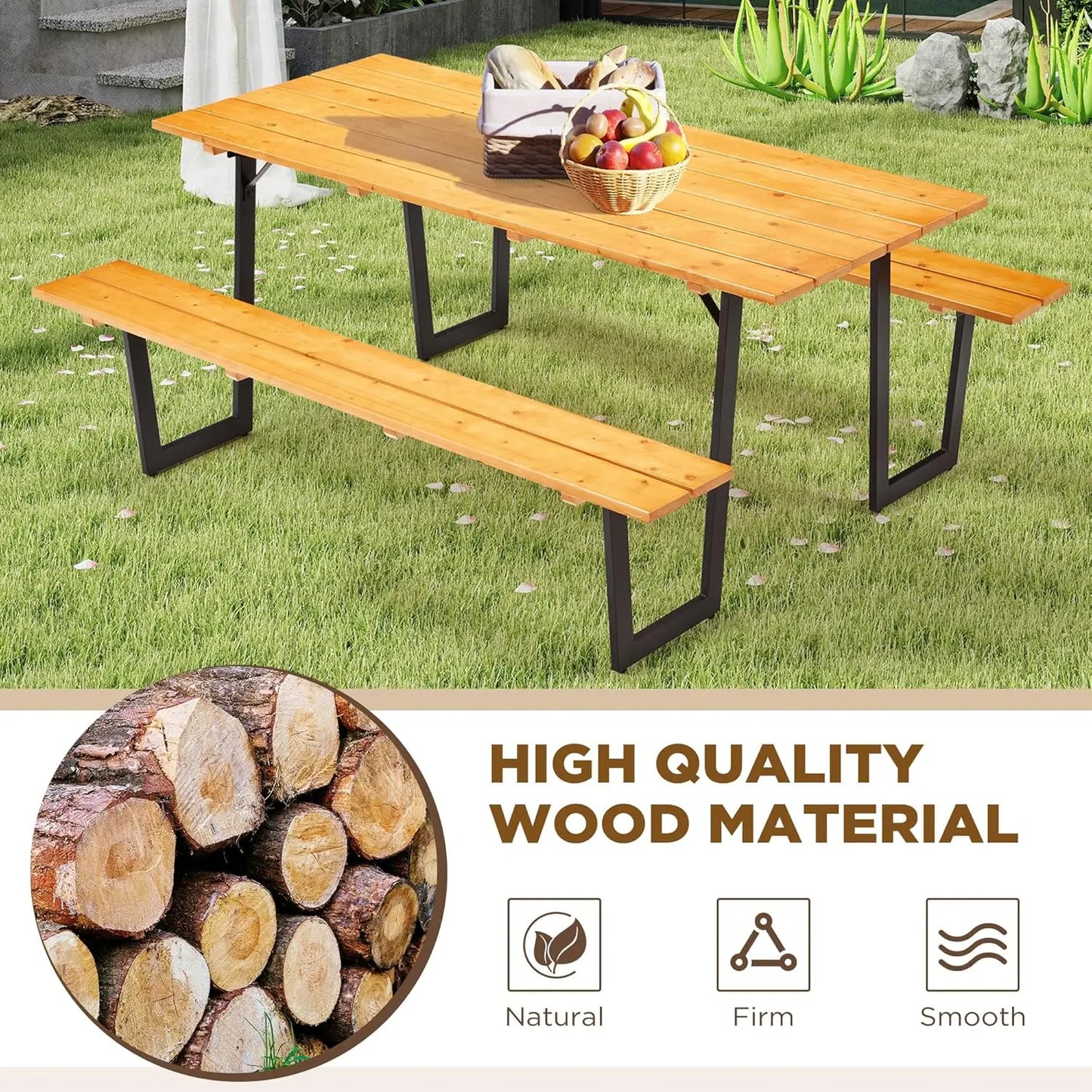Outdoor Wooden Picnic Table With Bench Set For Patio Dining