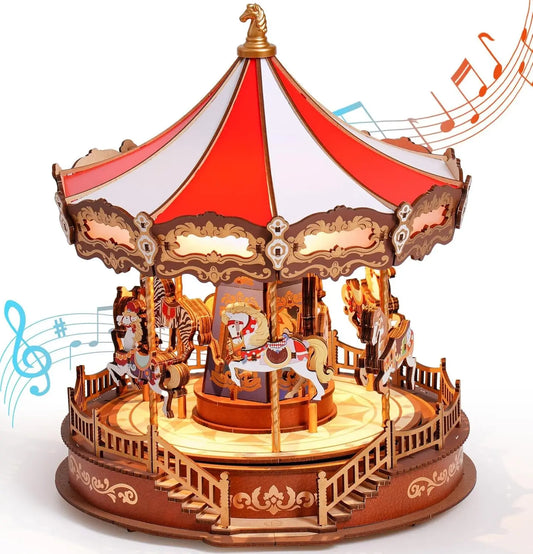 Enchanting 3D Wooden Carousel Music Box with LED Lights