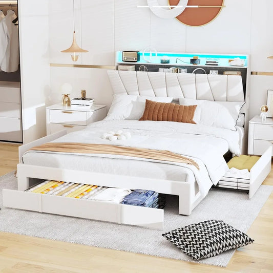 Modern Upholstered Bed Frame with Storage and Charging Station