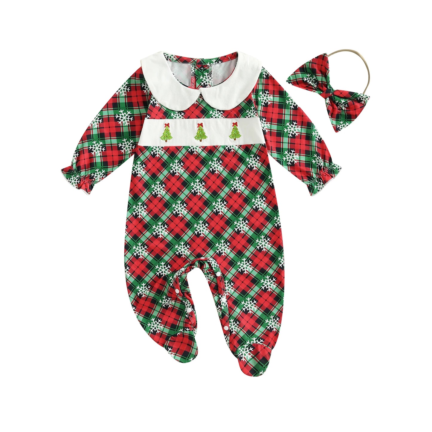 Baby Girls Christmas Footed Romper Snowflake Bow Headband