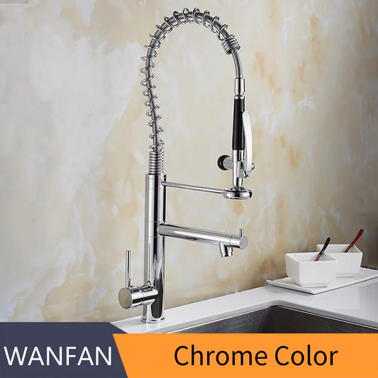 Brass Pull Out Kitchen Faucet With Swivel Spout Mixer
