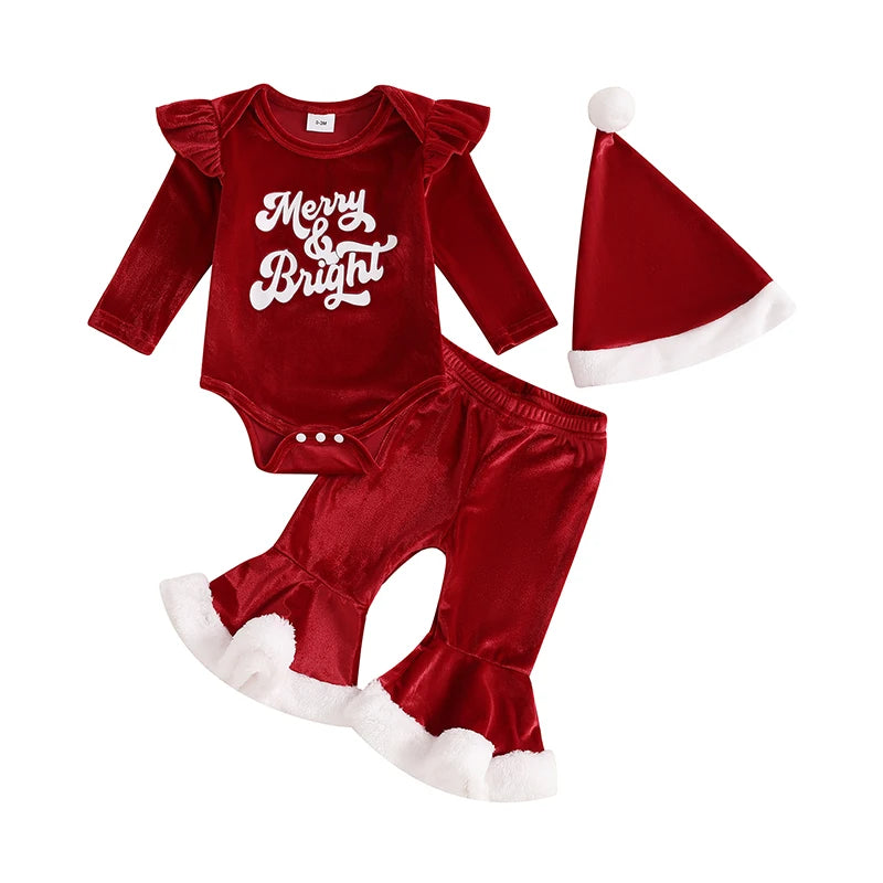 Baby Girl Velvet Christmas Romper Set With Letter Print Hat
