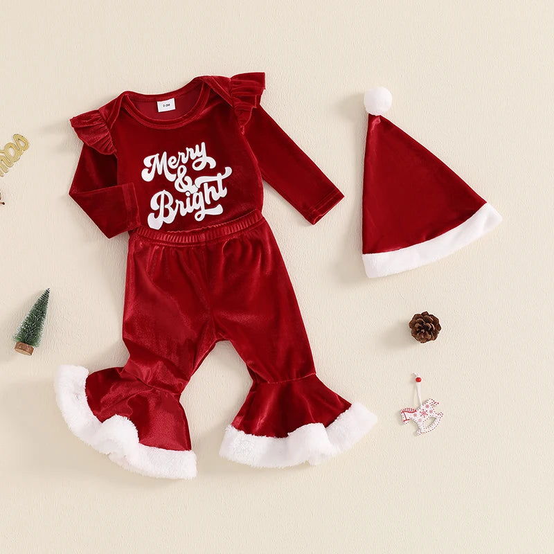 Baby Girl Velvet Christmas Romper Set With Letter Print Hat