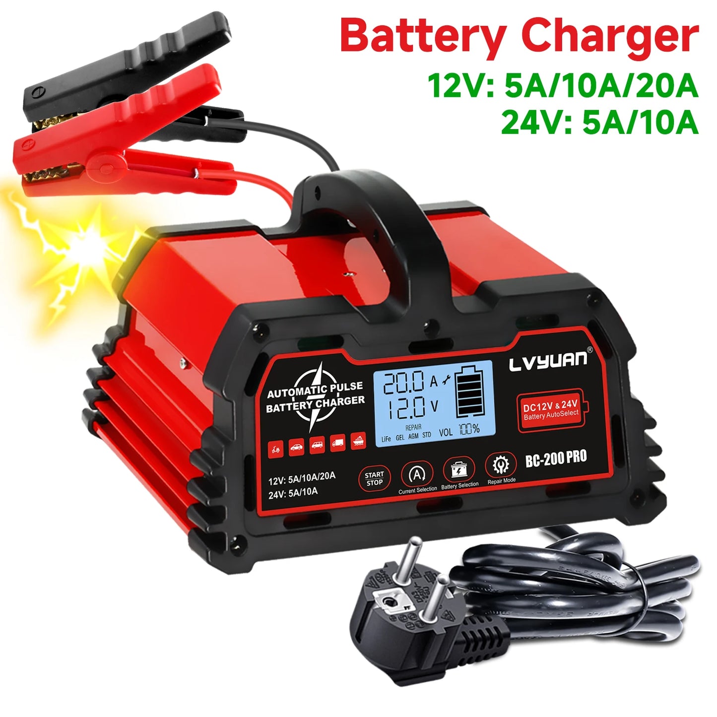 DC 12V 24V Smart Battery Charger With LCD Display Advanced