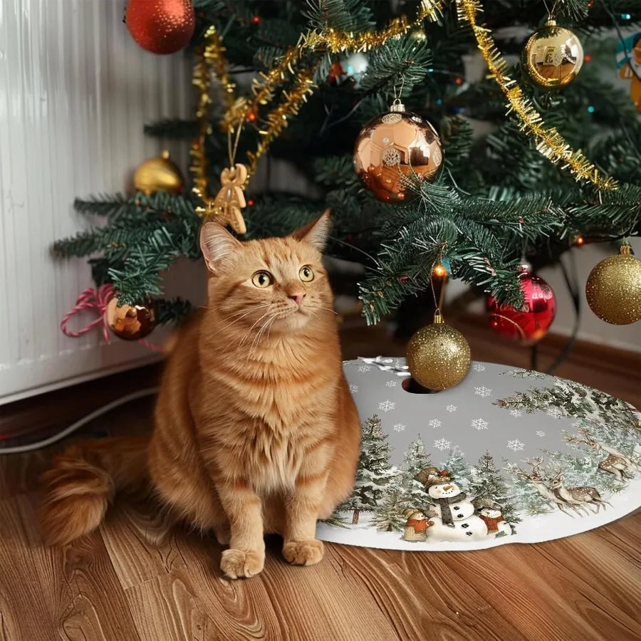 Snowman Christmas Tree Skirt With Reindeer Snowflakes Decor