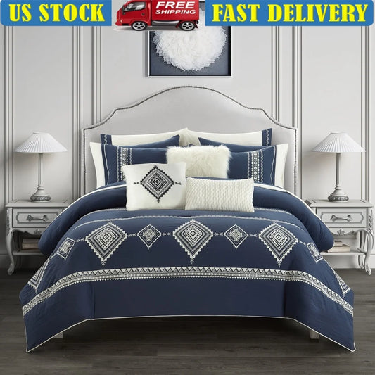 Navy Comforter Set with Decorative Pillows for Elegant Bedding