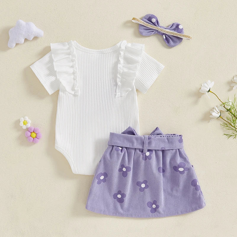 Floral Baby Girl Romper Set With Skirt And Headband