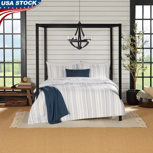Five Piece Blue Stripe Comforter Set for All Season Comfort
