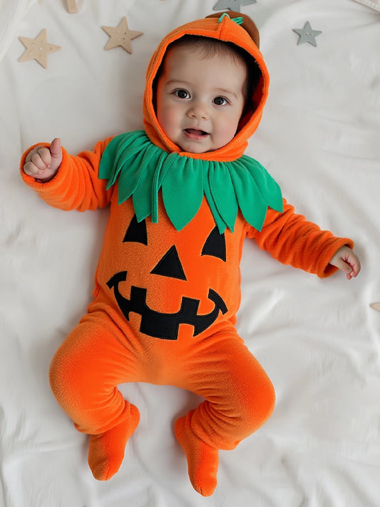 Infant Halloween Pumpkin Romper Set With Hat For Baby Girl