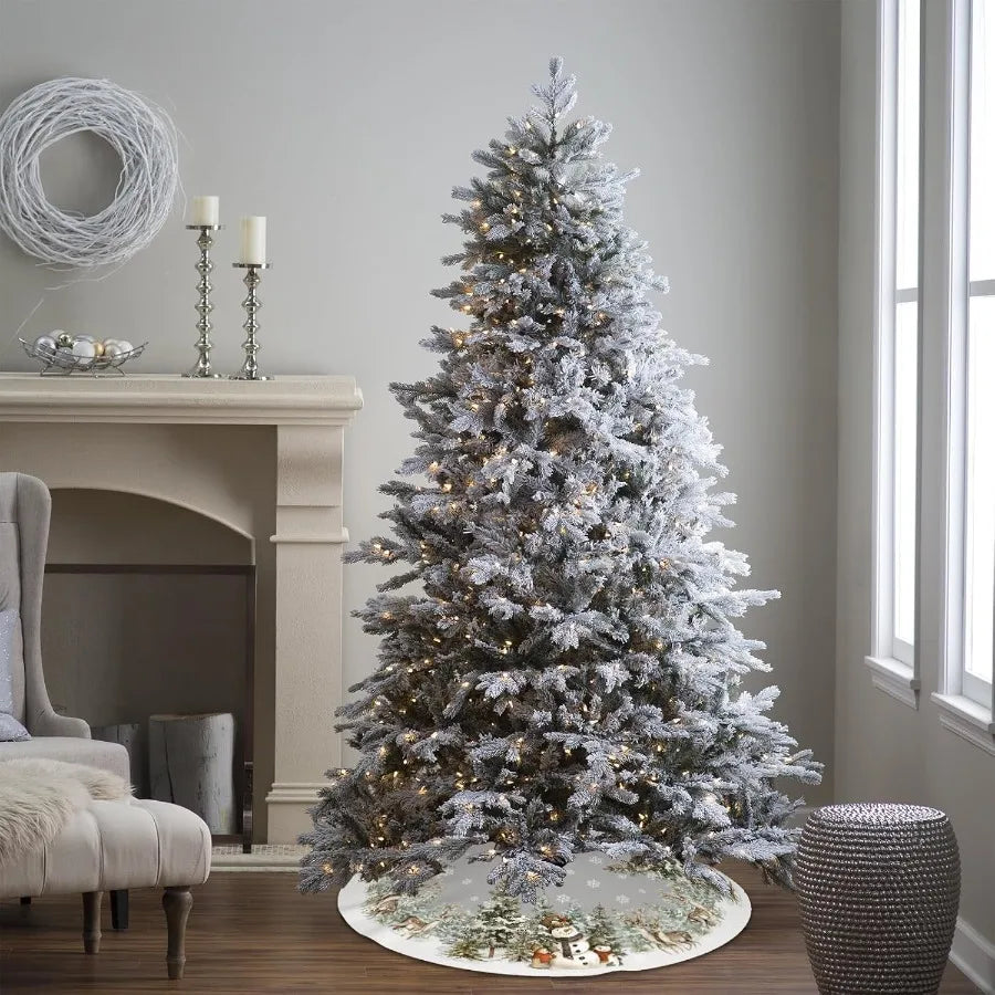 Snowman Christmas Tree Skirt With Reindeer Snowflakes Decor