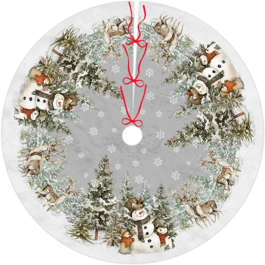 Snowman Christmas Tree Skirt With Reindeer Snowflakes Decor