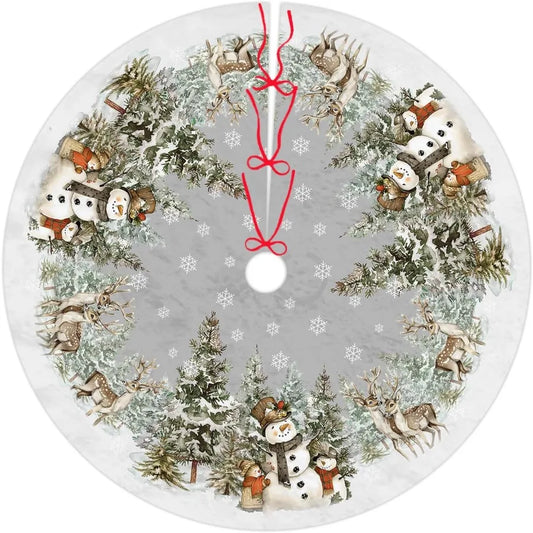 Snowman Christmas Tree Skirt With Reindeer Snowflakes Decor
