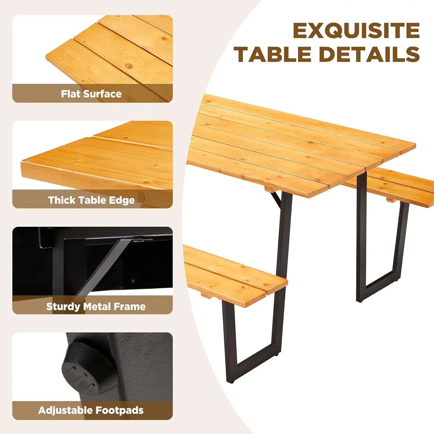 Outdoor Wooden Picnic Table With Bench Set For Patio Dining