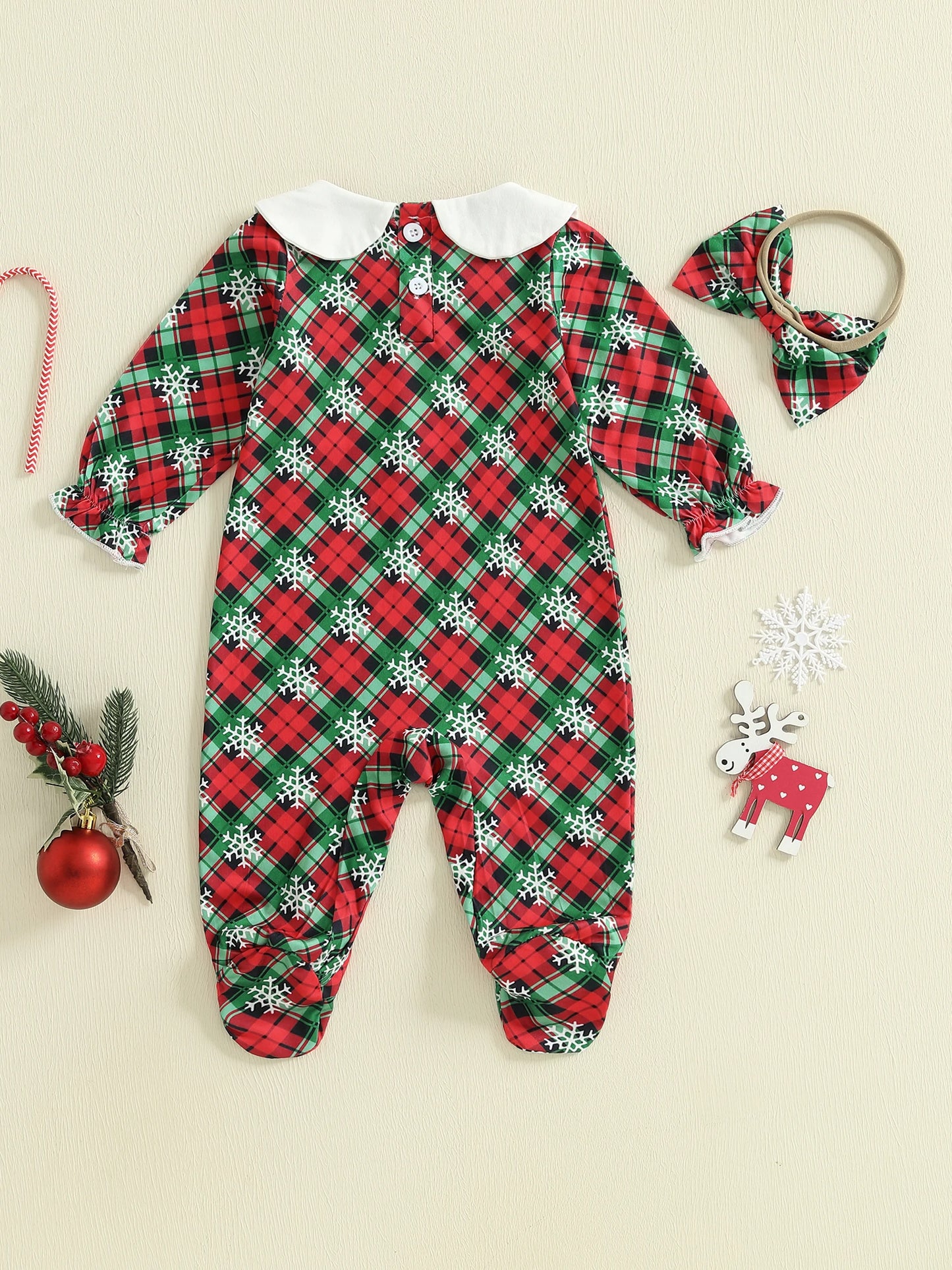 Baby Girls Christmas Footed Romper Snowflake Bow Headband