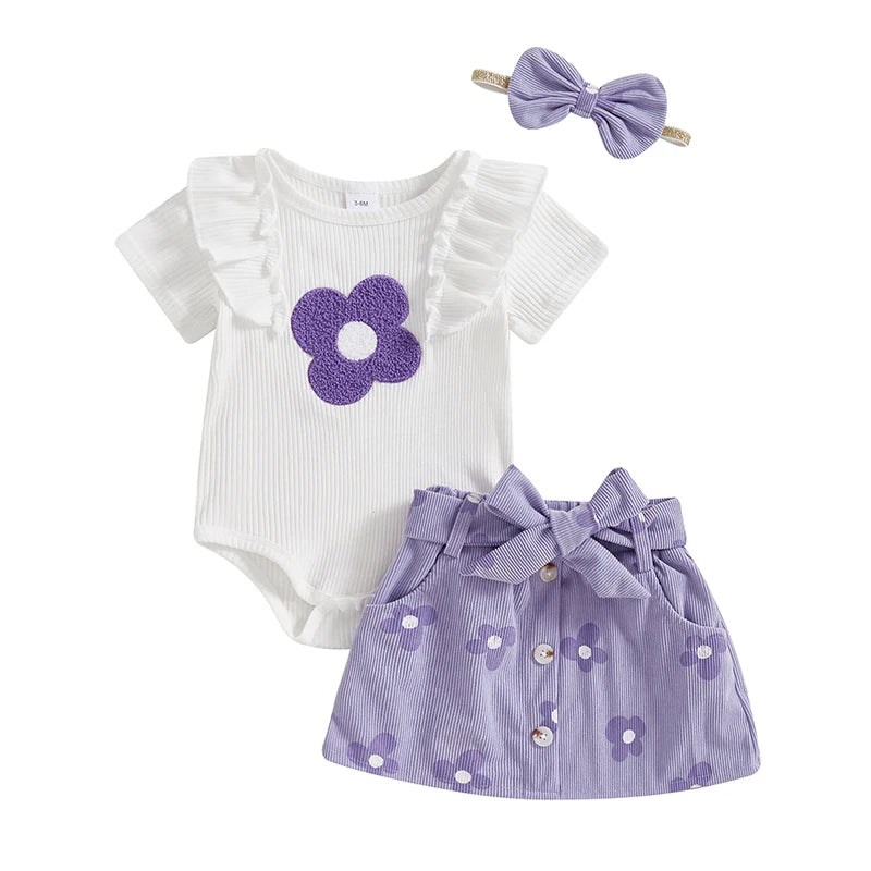 Floral Baby Girl Romper Set With Skirt And Headband