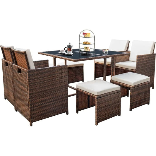 Patio Dining Set with Rattan Chairs and Glass Table
