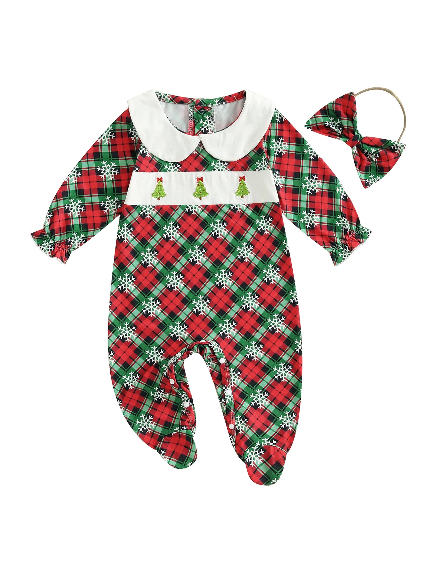 Baby Girls Christmas Footed Romper Snowflake Bow Headband