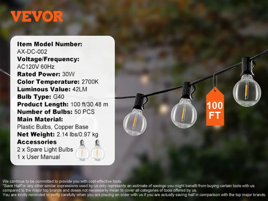 SucceBuy 2700K Dimmable Outdoor String Lights For Patio
