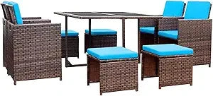Patio Dining Set with Rattan Chairs and Glass Table