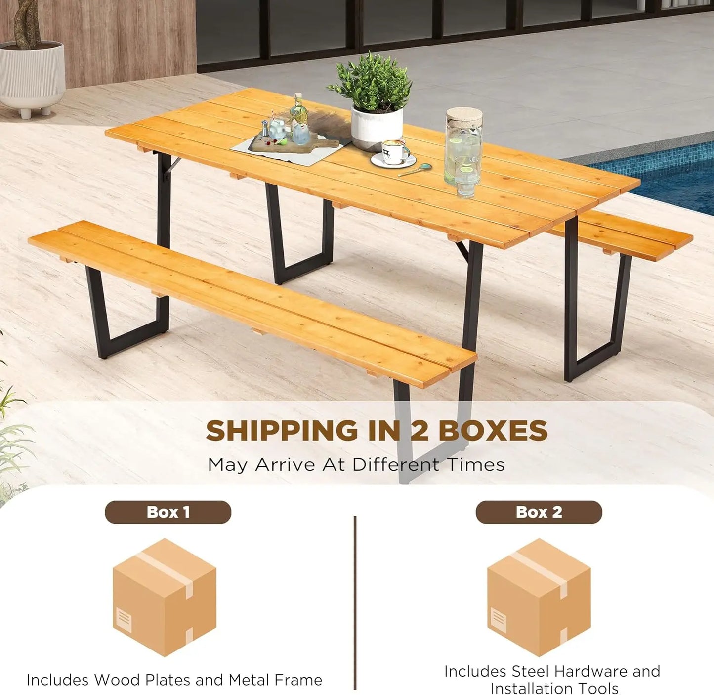 Outdoor Wooden Picnic Table With Bench Set For Patio Dining