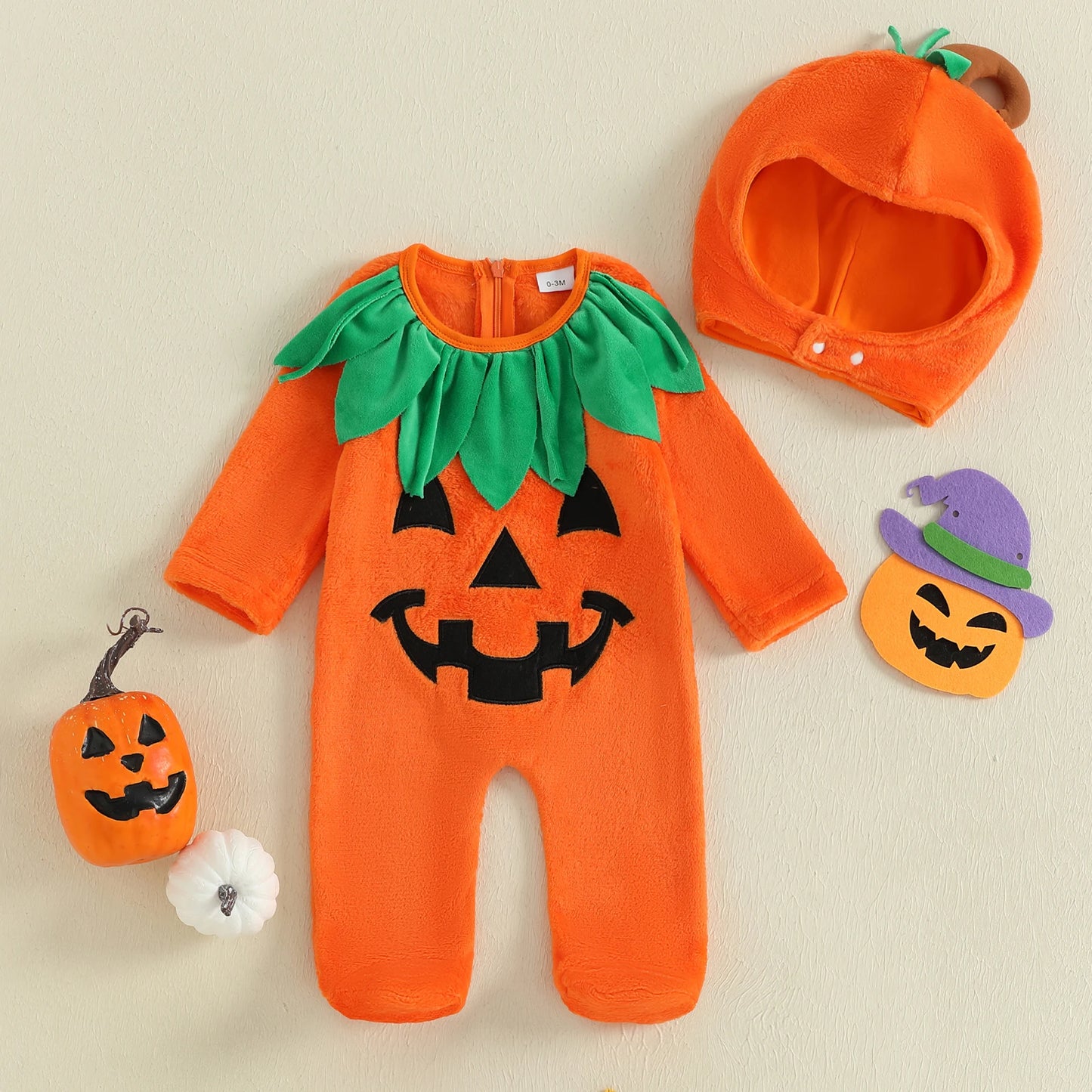 Infant Halloween Pumpkin Romper Set With Hat For Baby Girl