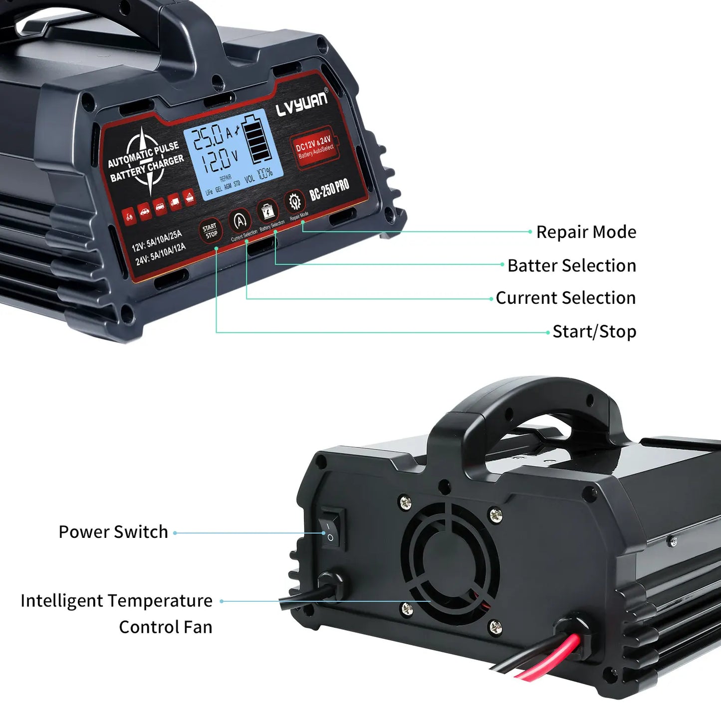 DC 12V 24V Smart Battery Charger With LCD Display Advanced