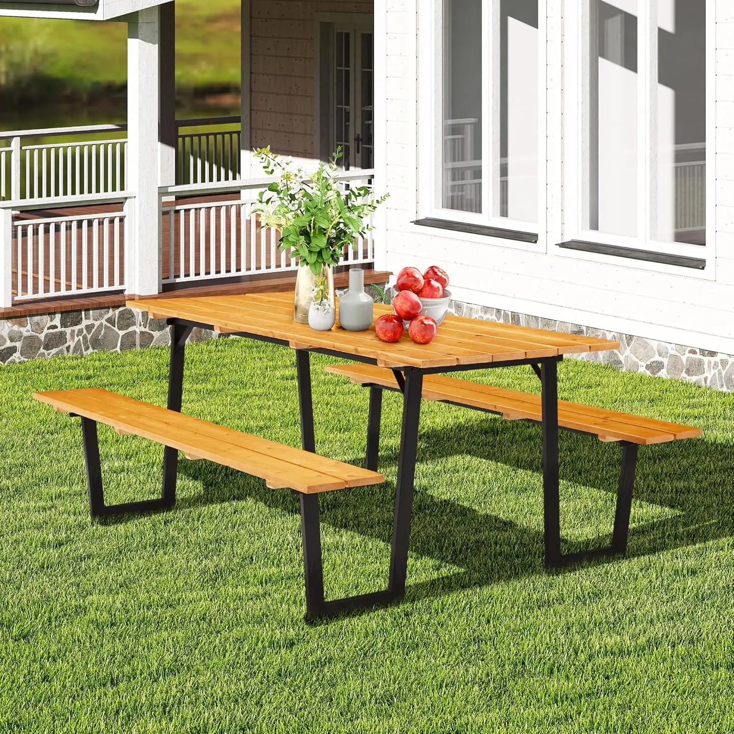 Outdoor Wooden Picnic Table With Bench Set For Patio Dining