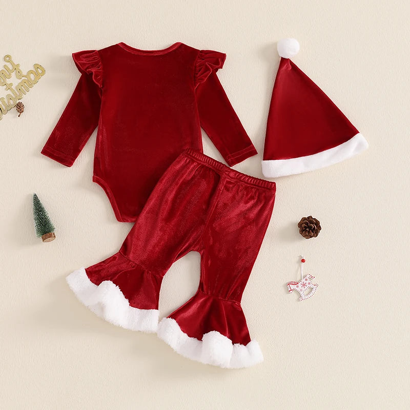 Baby Girl Velvet Christmas Romper Set With Letter Print Hat