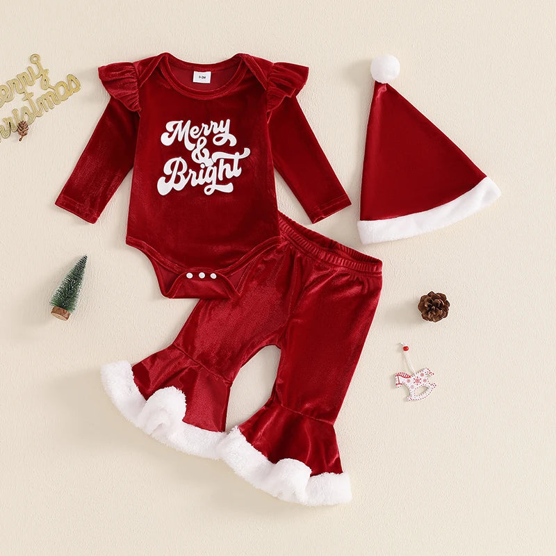 Baby Girl Velvet Christmas Romper Set With Letter Print Hat