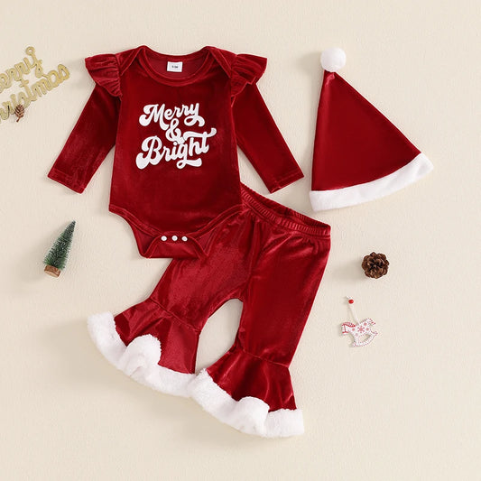 Baby Girl Velvet Christmas Romper Set With Letter Print Hat