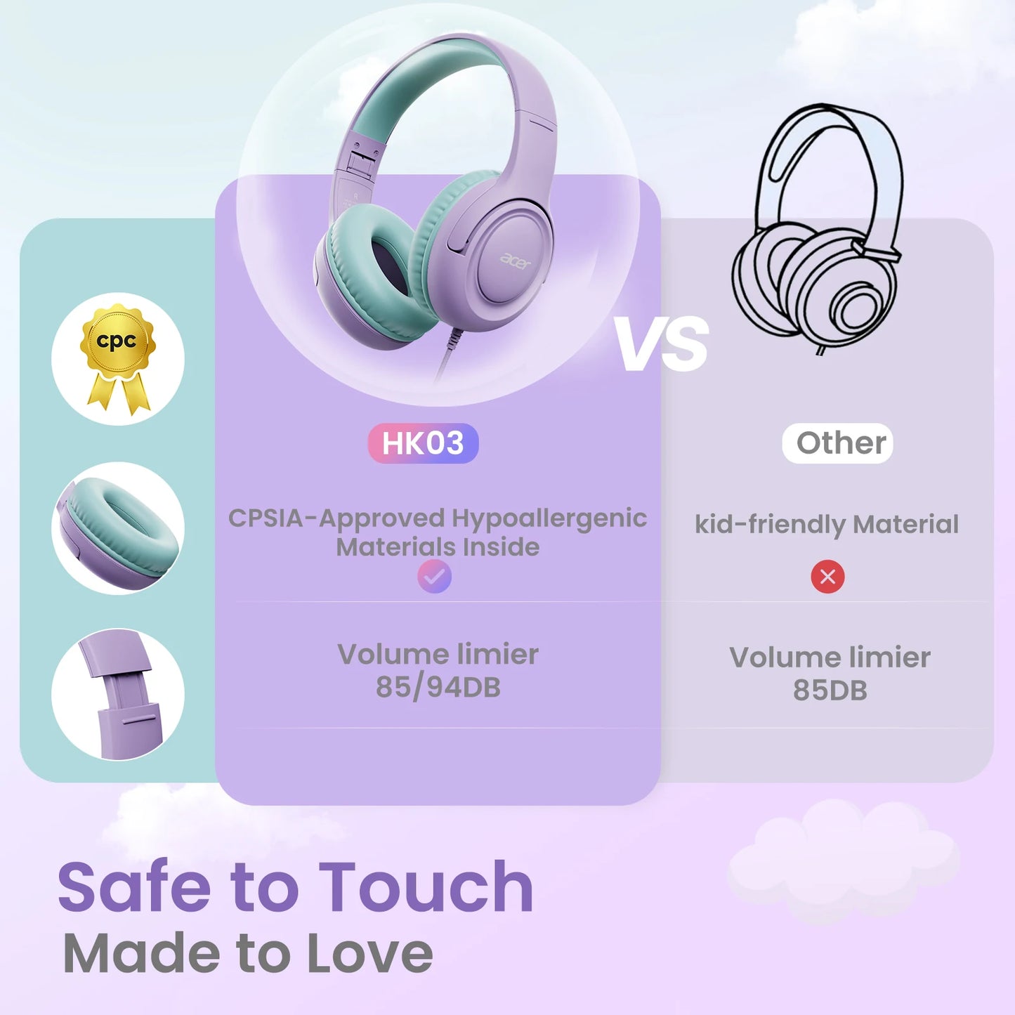 Acer Kids Wired Headphones with Volume Limiter for Learning