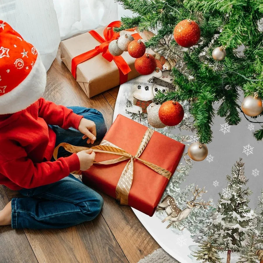 Snowman Christmas Tree Skirt With Reindeer Snowflakes Decor