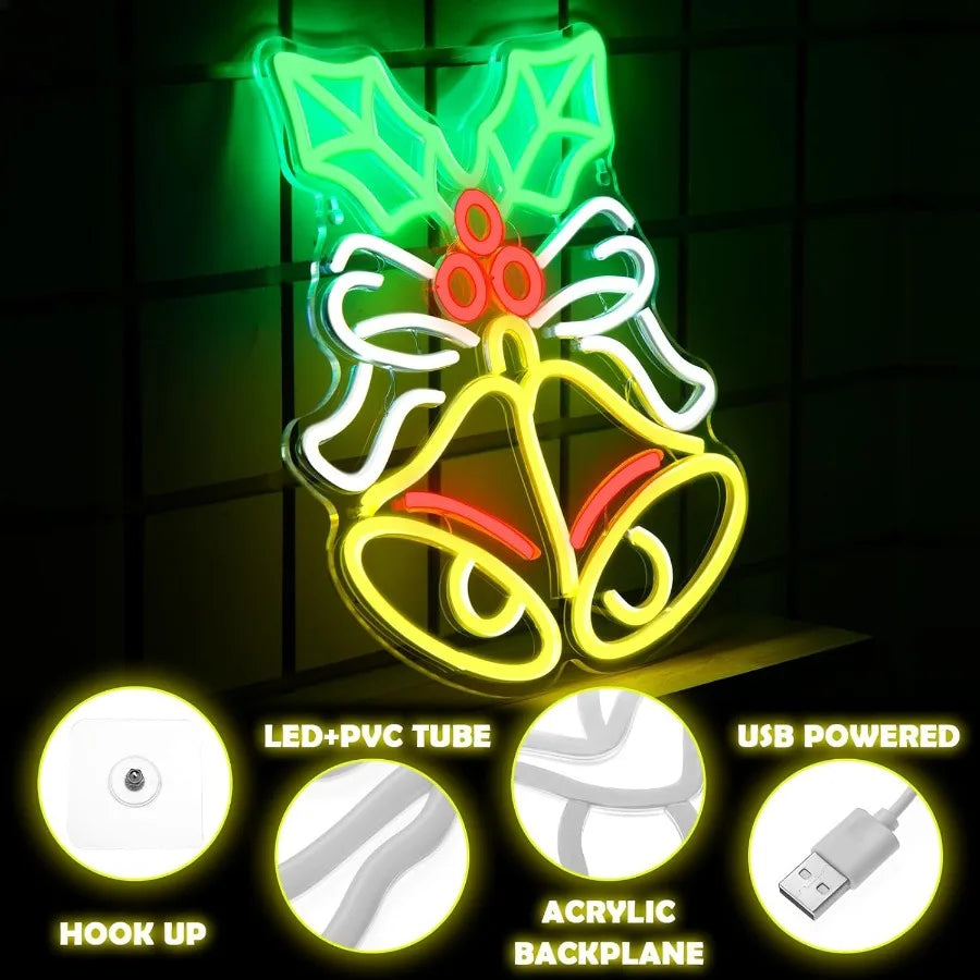 Christmas Neon Bells LED Signs For Home Bar Party Decor